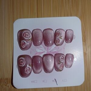 Pink Cat Eye Press-On Oval Nails With Rose Accents